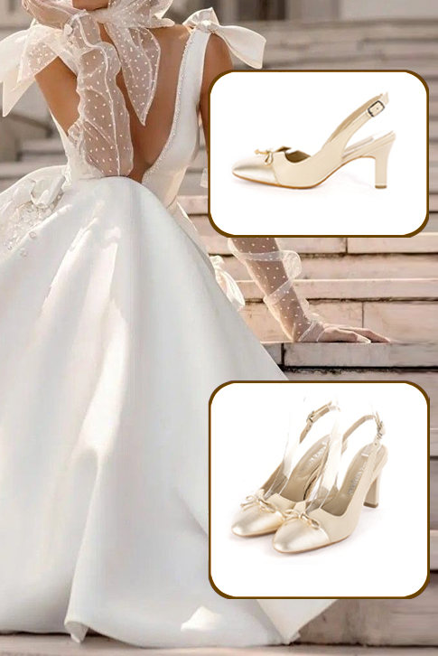 Dress slingback bow heels in gold and champagne white leather with kitten heels and round toe - Top view